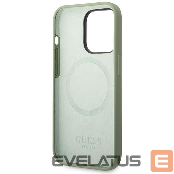 Back panel cover Guess Guess Silicone Logo Plate MagSafe case for iPhone 14 Pro Max - green