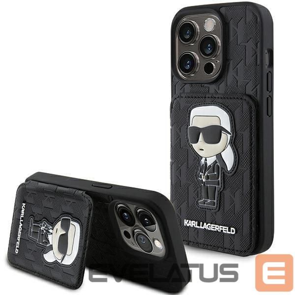 Back panel cover Karl Lagerfeld Karl Lagerfeld Saffiano Cardslots and Stand Monogram Ikonik Patch case for iPhone 15 Pro - black