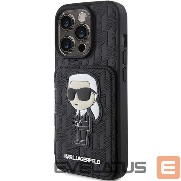 Back panel cover Karl Lagerfeld Karl Lagerfeld Saffiano Cardslots and Stand Monogram Ikonik Patch case for iPhone 15 Pro - black