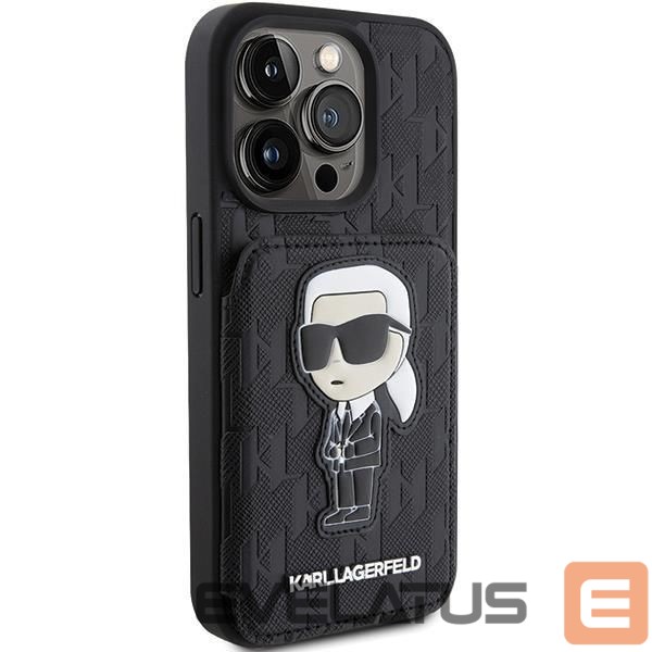 Back panel cover Karl Lagerfeld Karl Lagerfeld Saffiano Cardslots and Stand Monogram Ikonik Patch case for iPhone 15 Pro - black
