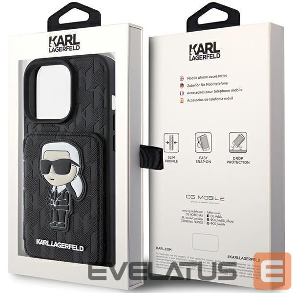 Back panel cover Karl Lagerfeld Karl Lagerfeld Saffiano Cardslots and Stand Monogram Ikonik Patch case for iPhone 15 Pro - black