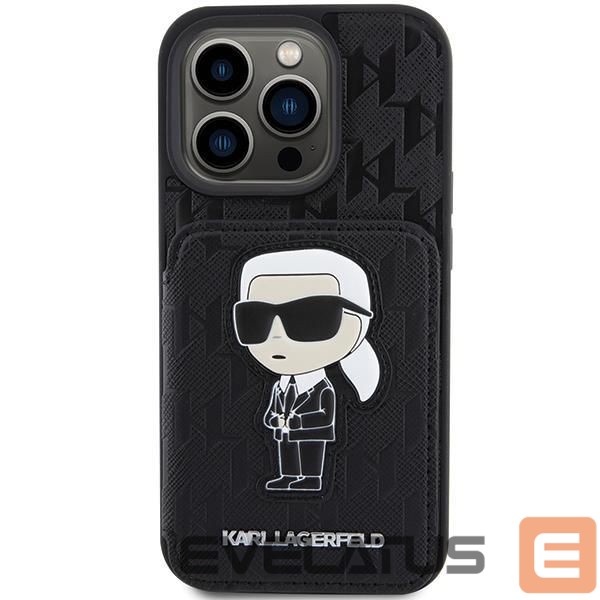 Back panel cover Karl Lagerfeld Karl Lagerfeld Saffiano Cardslots and Stand Monogram Ikonik Patch case for iPhone 15 Pro - black