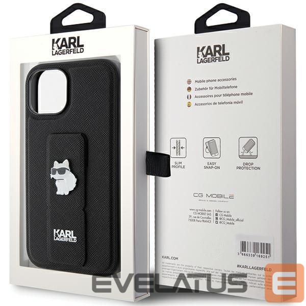 Back panel cover Karl Lagerfeld Karl Lagerfeld Gripstand Saffiano Choupette Pins Case for iPhone 15 Plus / 14 Plus - Black