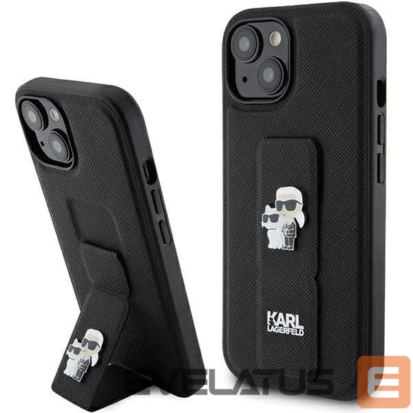 Back panel cover Karl Lagerfeld Karl Lagerfeld Gripstand Saffiano Karl&Choupette Pins case for iPhone 15 - black