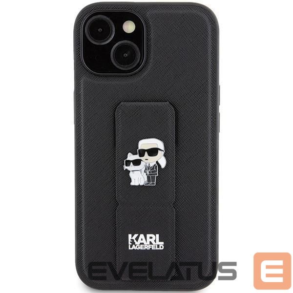 Back panel cover Karl Lagerfeld Karl Lagerfeld Gripstand Saffiano Karl&Choupette Pins case for iPhone 15 - black