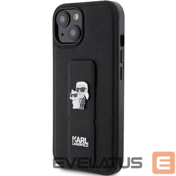 Back panel cover Karl Lagerfeld Karl Lagerfeld Gripstand Saffiano Karl&Choupette Pins case for iPhone 15 - black