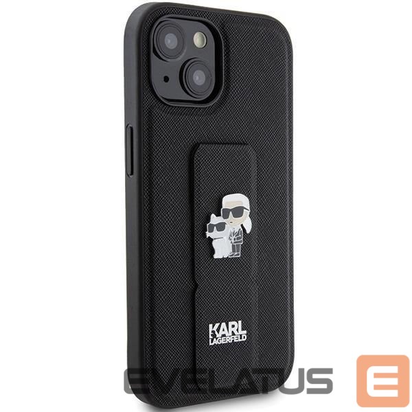 Back panel cover Karl Lagerfeld Karl Lagerfeld Gripstand Saffiano Karl&Choupette Pins case for iPhone 15 - black