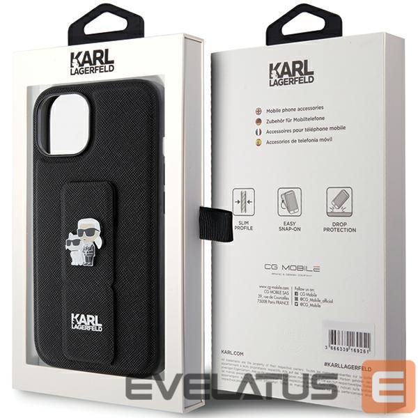 Back panel cover Karl Lagerfeld Karl Lagerfeld Gripstand Saffiano Karl&Choupette Pins case for iPhone 15 - black