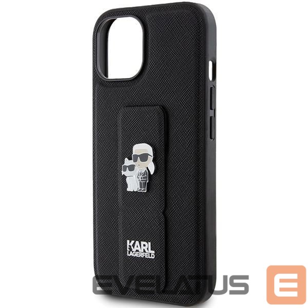 Back panel cover Karl Lagerfeld Karl Lagerfeld Gripstand Saffiano Karl&Choupette Pins case for iPhone 15 - black