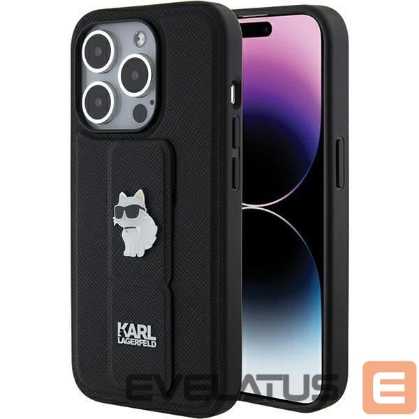 Back panel cover Karl Lagerfeld Karl Lagerfeld Gripstand Saffiano Choupette Pins case for iPhone 15 Pro Max - black