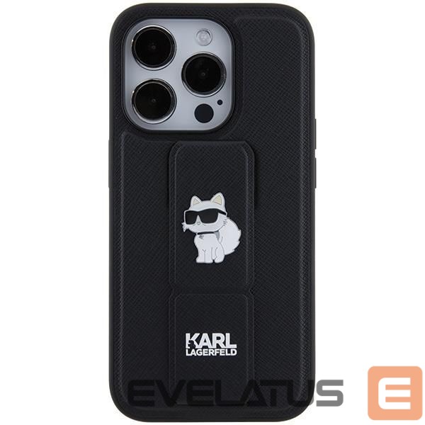 Back panel cover Karl Lagerfeld Karl Lagerfeld Gripstand Saffiano Choupette Pins case for iPhone 15 Pro Max - black