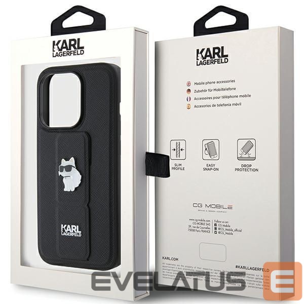 Back panel cover Karl Lagerfeld Karl Lagerfeld Gripstand Saffiano Choupette Pins case for iPhone 15 Pro Max - black