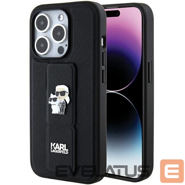 Back panel cover Karl Lagerfeld Karl Lagerfeld Gripstand Saffiano Karl&Choupette Pins case for iPhone 15 Pro Max - black