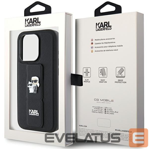 Back panel cover Karl Lagerfeld Karl Lagerfeld Gripstand Saffiano Karl&Choupette Pins case for iPhone 15 Pro Max - black