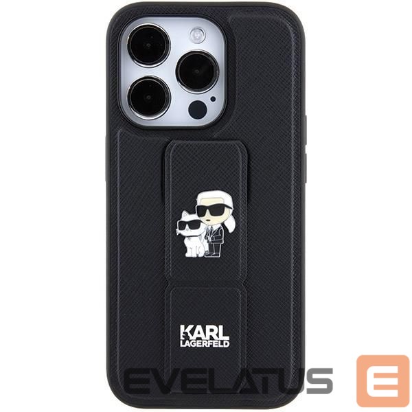 Back panel cover Karl Lagerfeld Karl Lagerfeld Gripstand Saffiano Karl&Choupette Pins case for iPhone 15 Pro Max - black