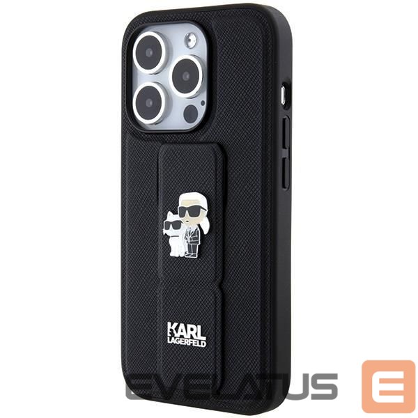Back panel cover Karl Lagerfeld Karl Lagerfeld Gripstand Saffiano Karl&Choupette Pins case for iPhone 15 Pro Max - black