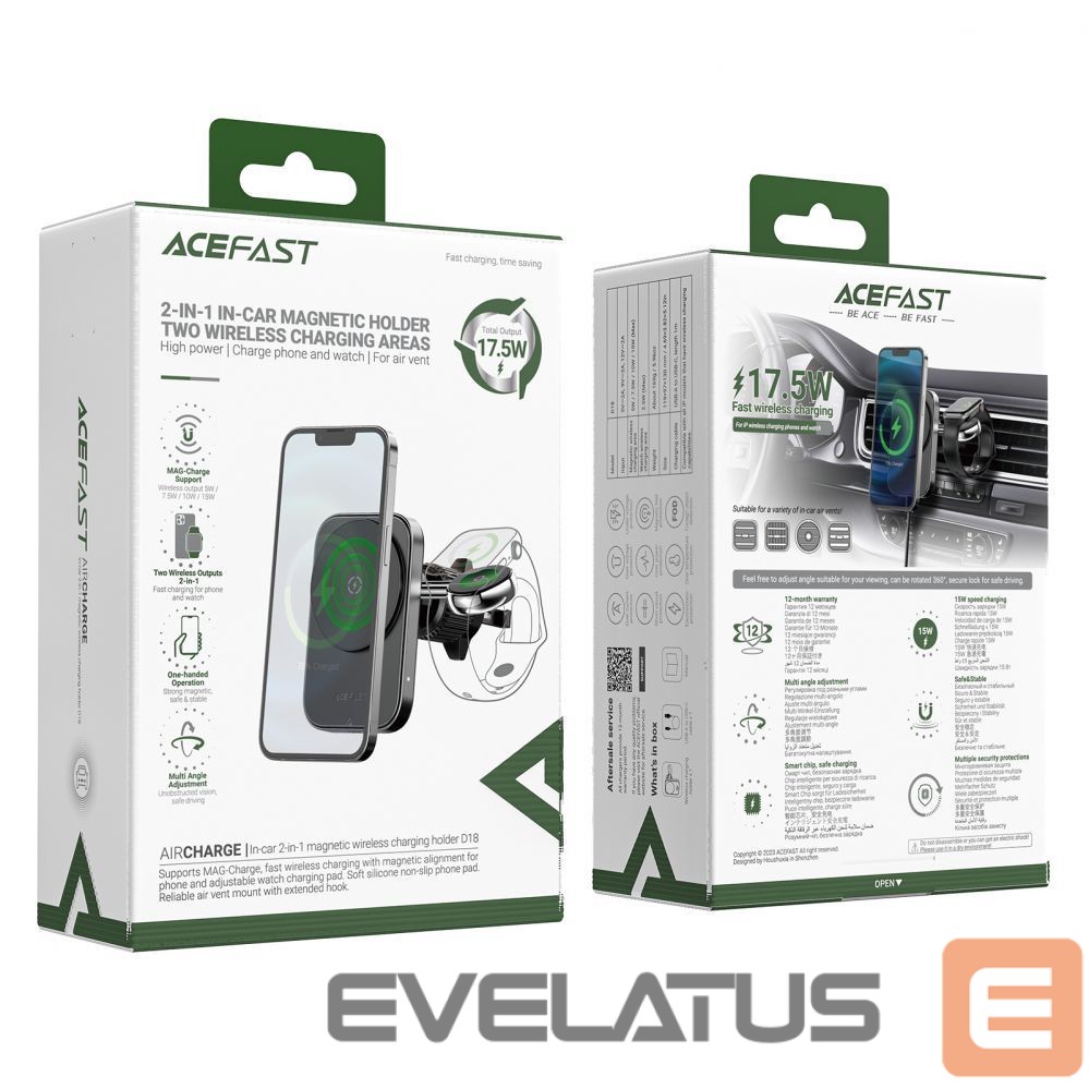 Adapter Acefast Acefast D18 car holder with MagSafe / Qi inductive charger + USB-A USB-C cable - black
