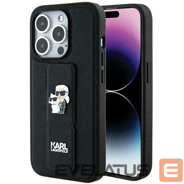 Back panel cover Karl Lagerfeld Karl Lagerfeld Gripstand Saffiano Karl&Choupette Pins case for iPhone 13 Pro / 13 - black