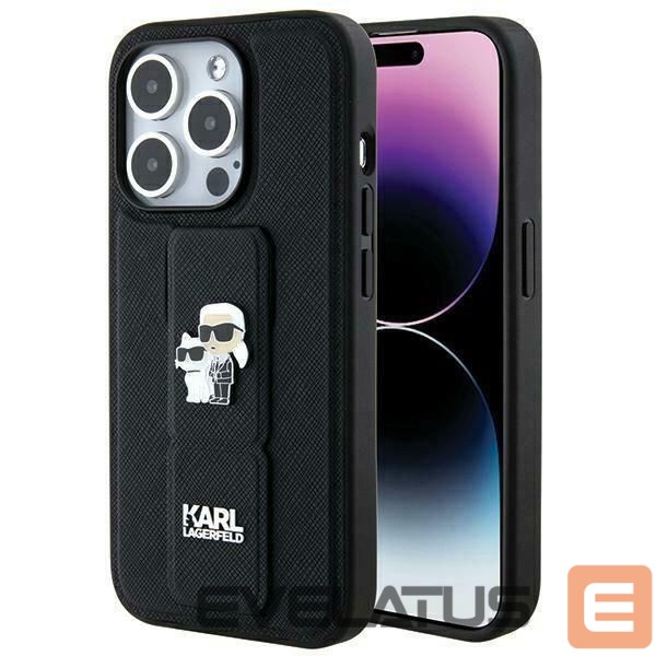 Back panel cover Karl Lagerfeld Karl Lagerfeld Gripstand Saffiano Karl&Choupette Pins case for iPhone 14 Pro - black