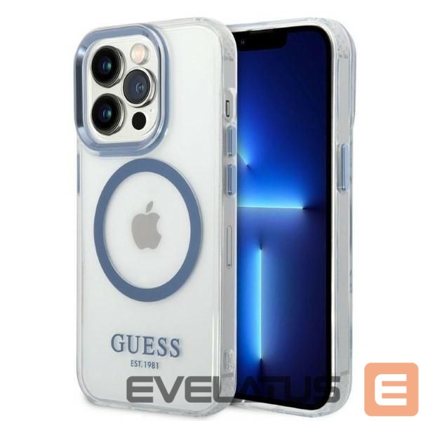 Back panel cover Guess Guess Metal Outline MagSafe case for iPhone 14 Pro - blue