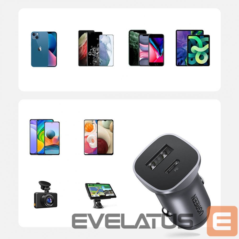 Auto charger Ugreen CD130 USB-A / USB-C 30W Car Charger Grey