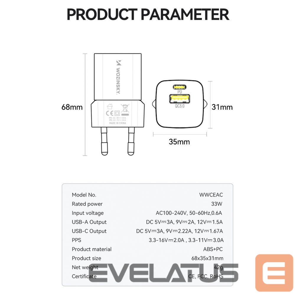 Adapter Wozinsky Wozinsky WWCEAC GaN USB-A USB-C 33W Wall Charger - White