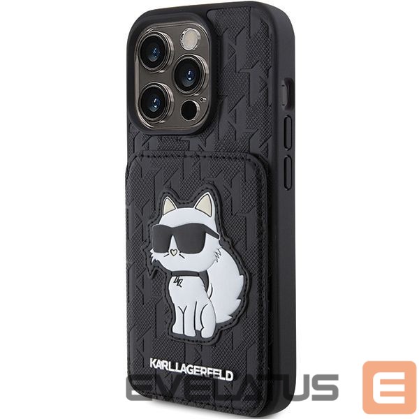 Back panel cover Karl Lagerfeld Karl Lagerfeld Saffiano Cardslots and Stand Monogram Choupette Case for iPhone 15 Pro Max - Black