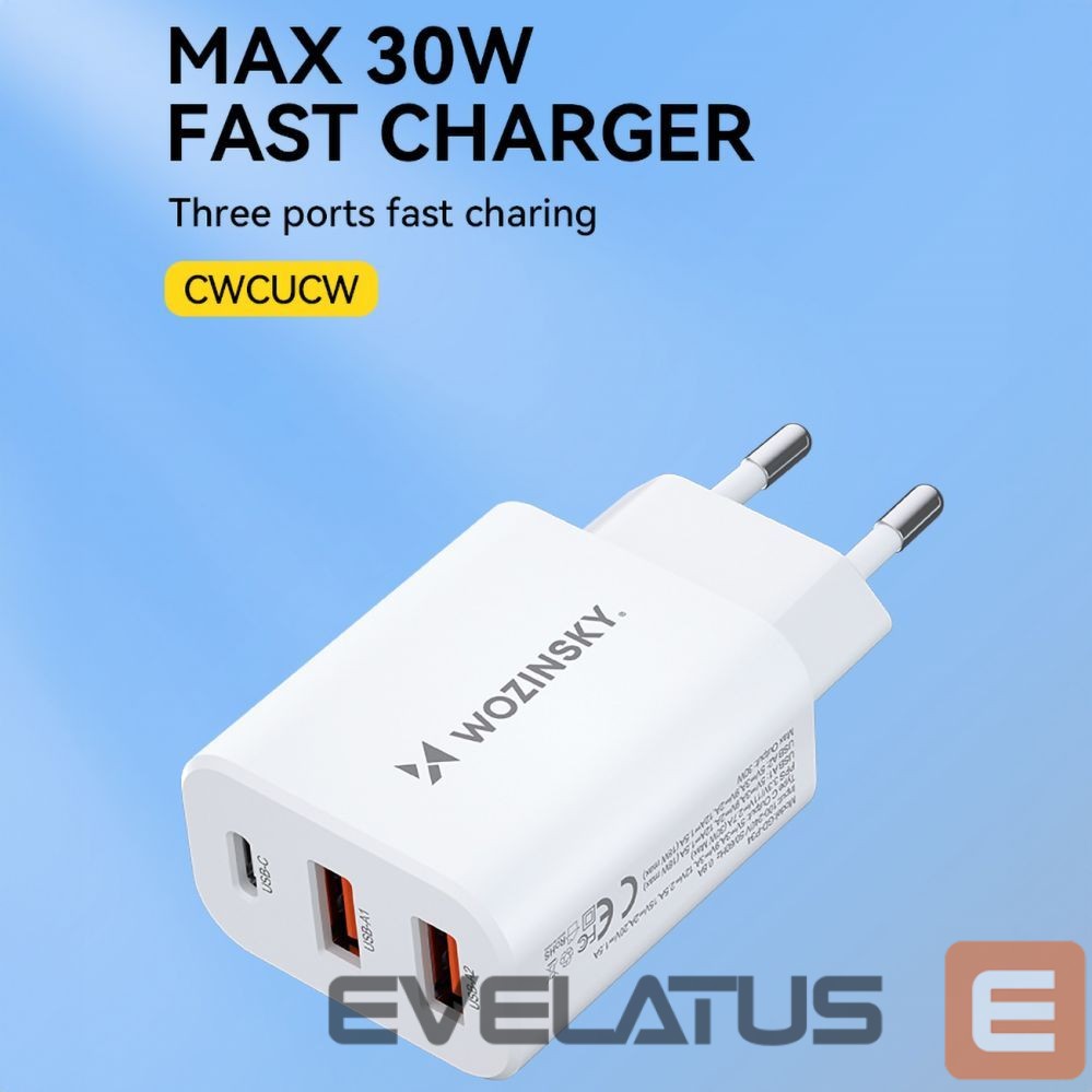 Adapter Wozinsky Wozinsky CWCUCW 30W USB-C / 2 x USB-A Wall Charger - White