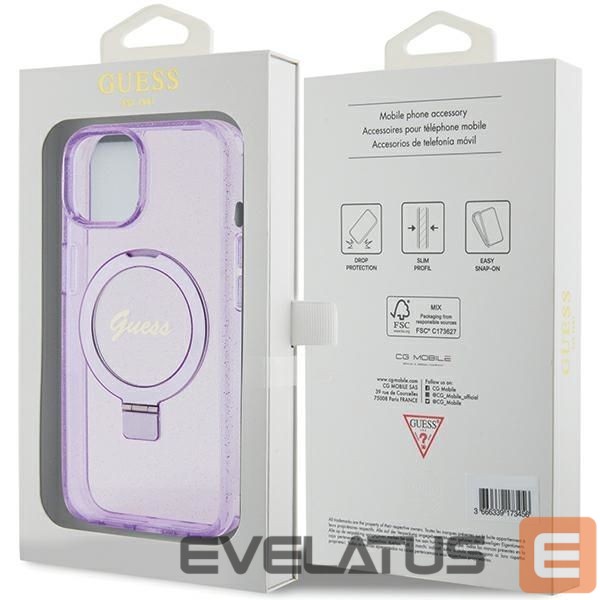 Back panel cover Guess Guess Ring Stand Script Glitter MagSafe case for iPhone 15 Plus / 14 Plus - purple