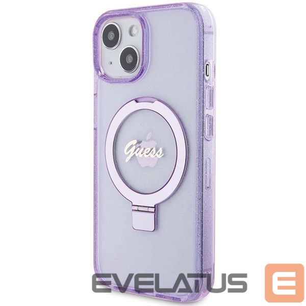 Back panel cover Guess Guess Ring Stand Script Glitter MagSafe case for iPhone 15 Plus / 14 Plus - purple