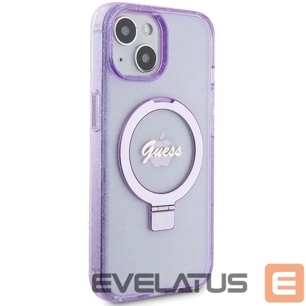 Back panel cover Guess Guess Ring Stand Script Glitter MagSafe case for iPhone 15 Plus / 14 Plus - purple
