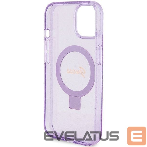 Back panel cover Guess Guess Ring Stand Script Glitter MagSafe case for iPhone 15 Plus / 14 Plus - purple
