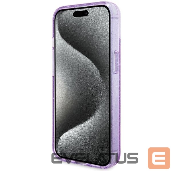 Back panel cover Guess Guess Ring Stand Script Glitter MagSafe case for iPhone 15 Plus / 14 Plus - purple