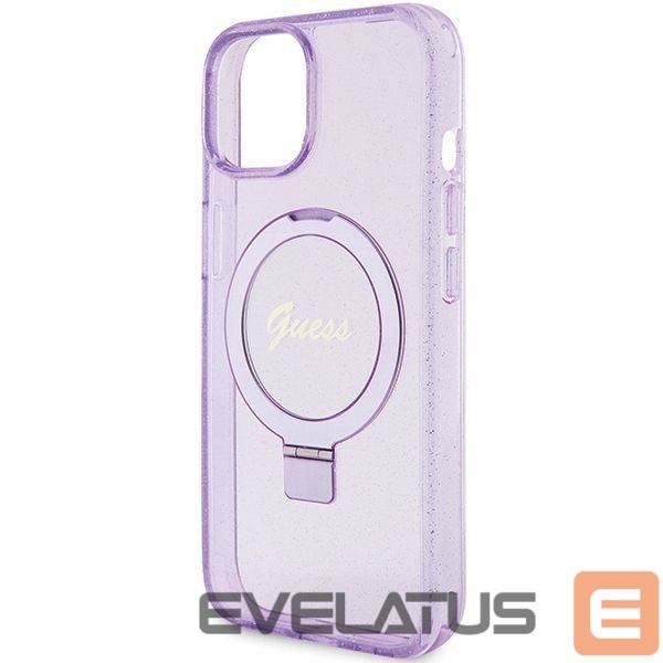 Back panel cover Guess Guess Ring Stand Script Glitter MagSafe case for iPhone 15 Plus / 14 Plus - purple