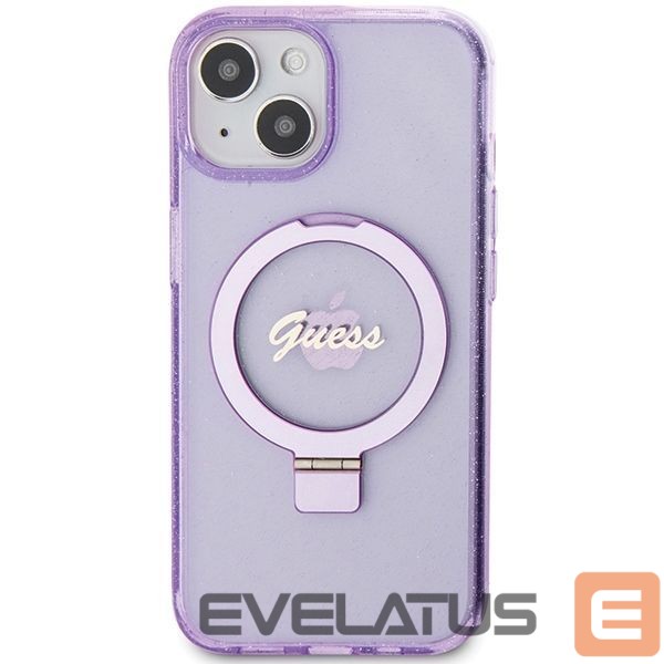 Back panel cover Guess Guess Ring Stand Script Glitter MagSafe case for iPhone 15 Plus / 14 Plus - purple
