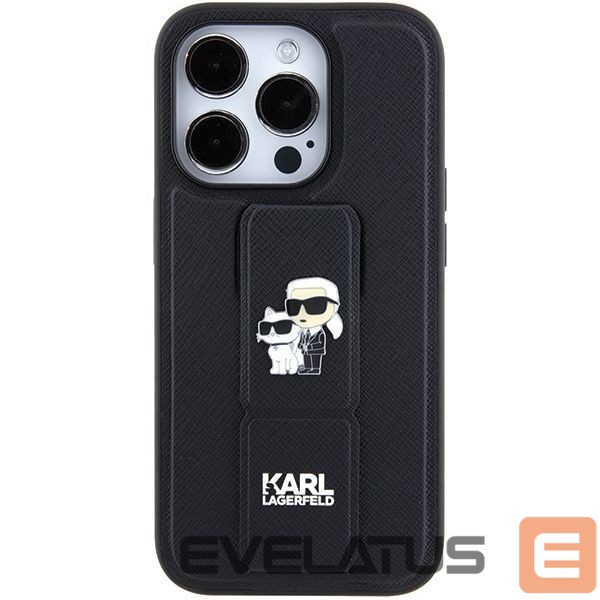 Back panel cover Karl Lagerfeld Karl Lagerfeld Gripstand Saffiano Karl&Choupette Pins case for iPhone 15 Pro - black