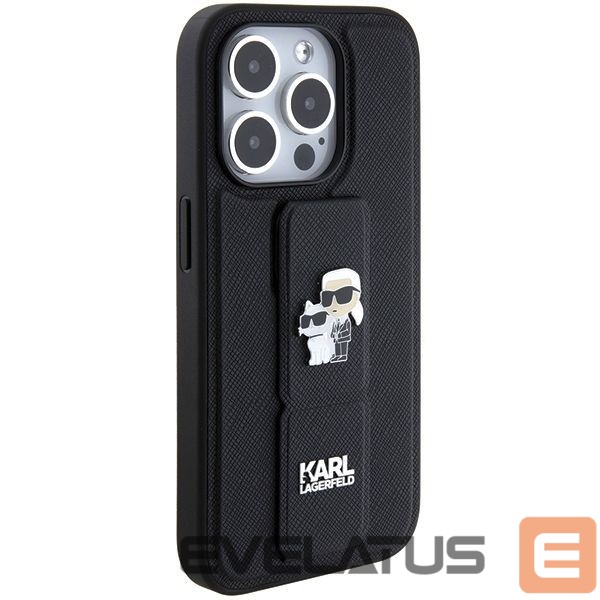 Back panel cover Karl Lagerfeld Karl Lagerfeld Gripstand Saffiano Karl&Choupette Pins case for iPhone 15 Pro - black
