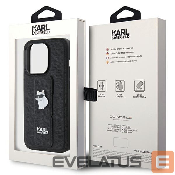 Back panel cover Karl Lagerfeld Karl Lagerfeld Gripstand Saffiano Choupette Pins case for iPhone 14 Pro - black