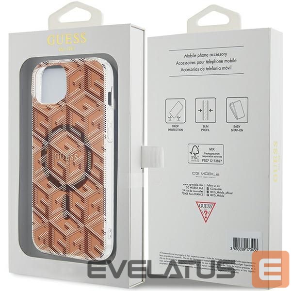 Back panel cover Guess Guess IML GCube MagSafe case for iPhone 15 / 14 / 13 - brown