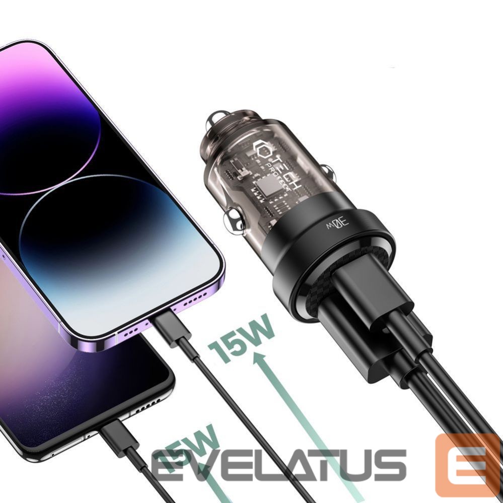 Adapter Tech-Protect Tech-Protect CC30W Car Charger USB-C PD 30W / USB-A QC 3.0 - Black