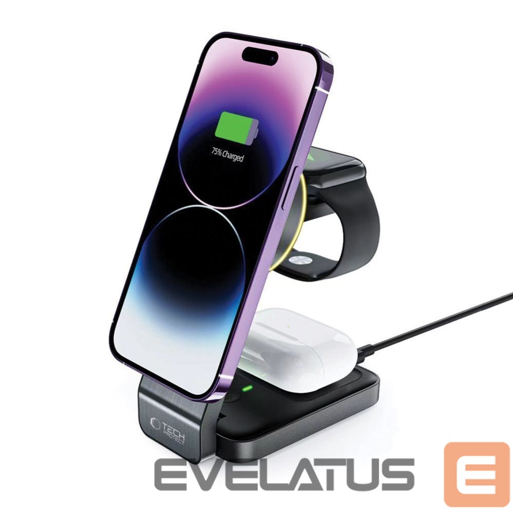 Adapter Tech-Protect Tech-Protect QI15W-A28 MagSafe 3in1 Inductive Charger with Smartphone / Apple Watch / AirPods Stand - Black