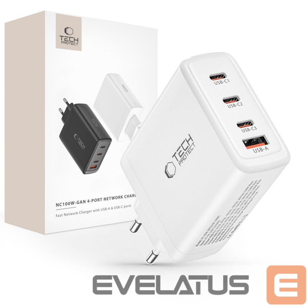 Adapter Tech-Protect Tech-Protect NC100W-GAN charger GaN 3x USB-C PD 100W / USB-A QC 3.0 - white