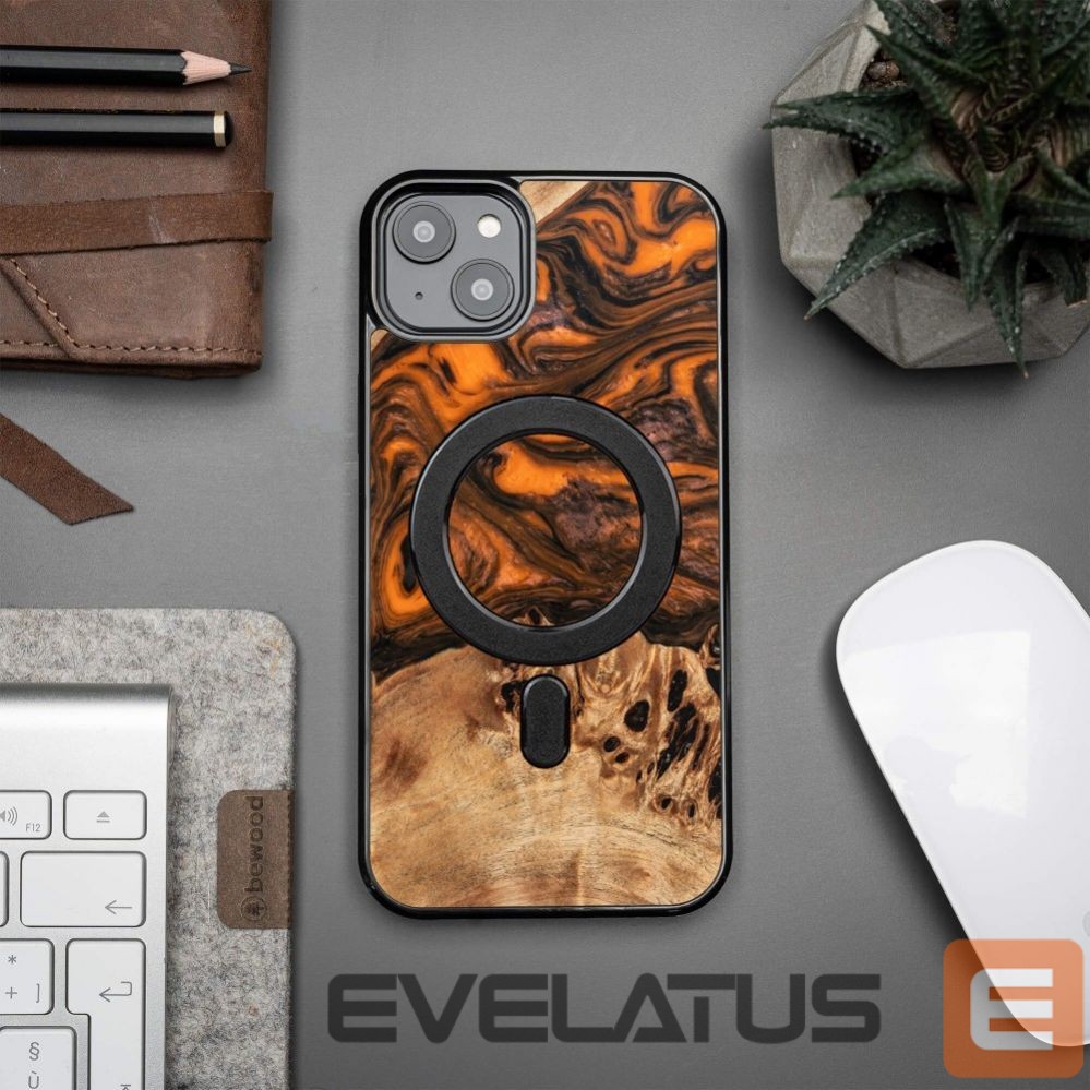 Back panel cover Bewood Wood and resin case for iPhone 15 Plus MagSafe Bewood Unique Orange - orange and black