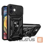 Back panel cover Hurtel  Hybrid Armor Camshield iPhone 16 Plus Armored Case with Camera Cover and Stand - Black 