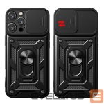 Back panel cover Hurtel  Hybrid Armor Camshield iPhone 16 Pro Max Armored Case with Camera Cover and Stand - Black 