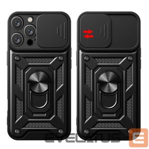 Back panel cover Hurtel  Hybrid Armor Camshield iPhone 16 Pro Max Armored Case with Camera Cover and Stand - Black 