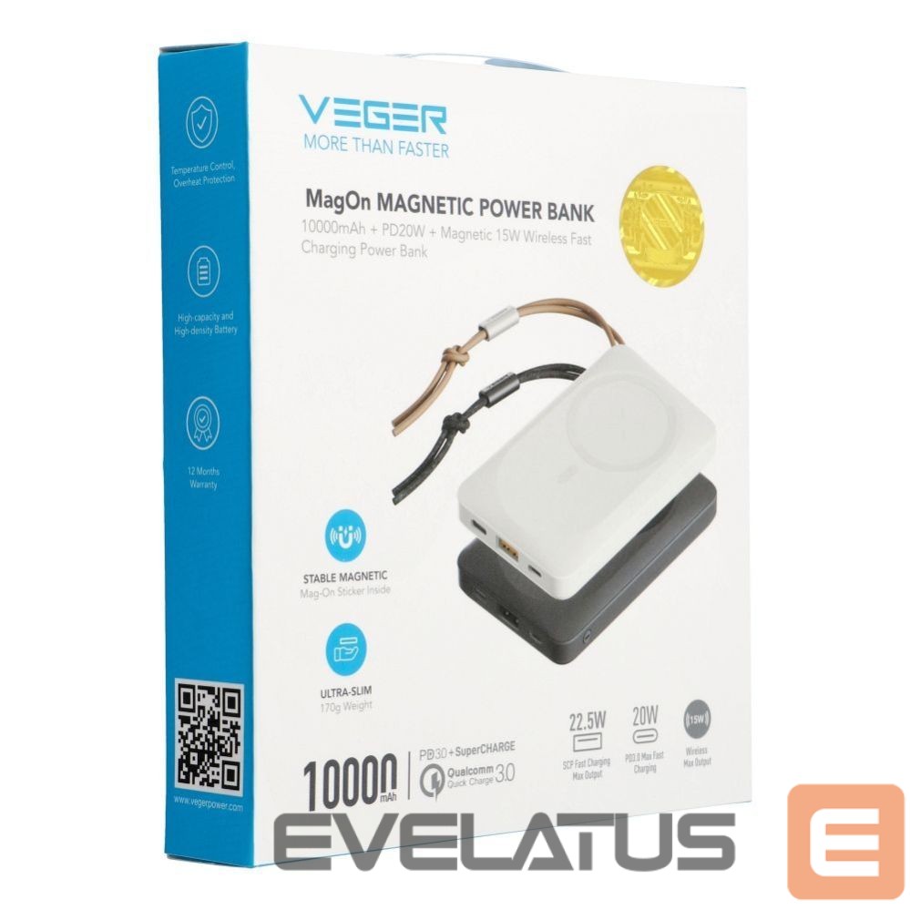 Power bank Veger Powerbank compatible with Magsafe Veger MagOn (VP1151 / W1151) PD QC3.0 2A 20W with wireless charging 10000 mAh white