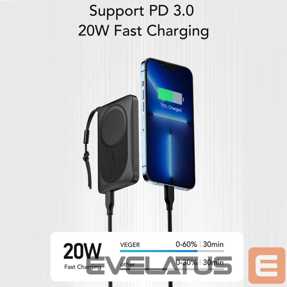 Power bank Veger Powerbank compatible with Magsafe Veger MagOn (VP1151 / W1151) PD QC3.0 2A 20W with wireless charging 10000 mAh white