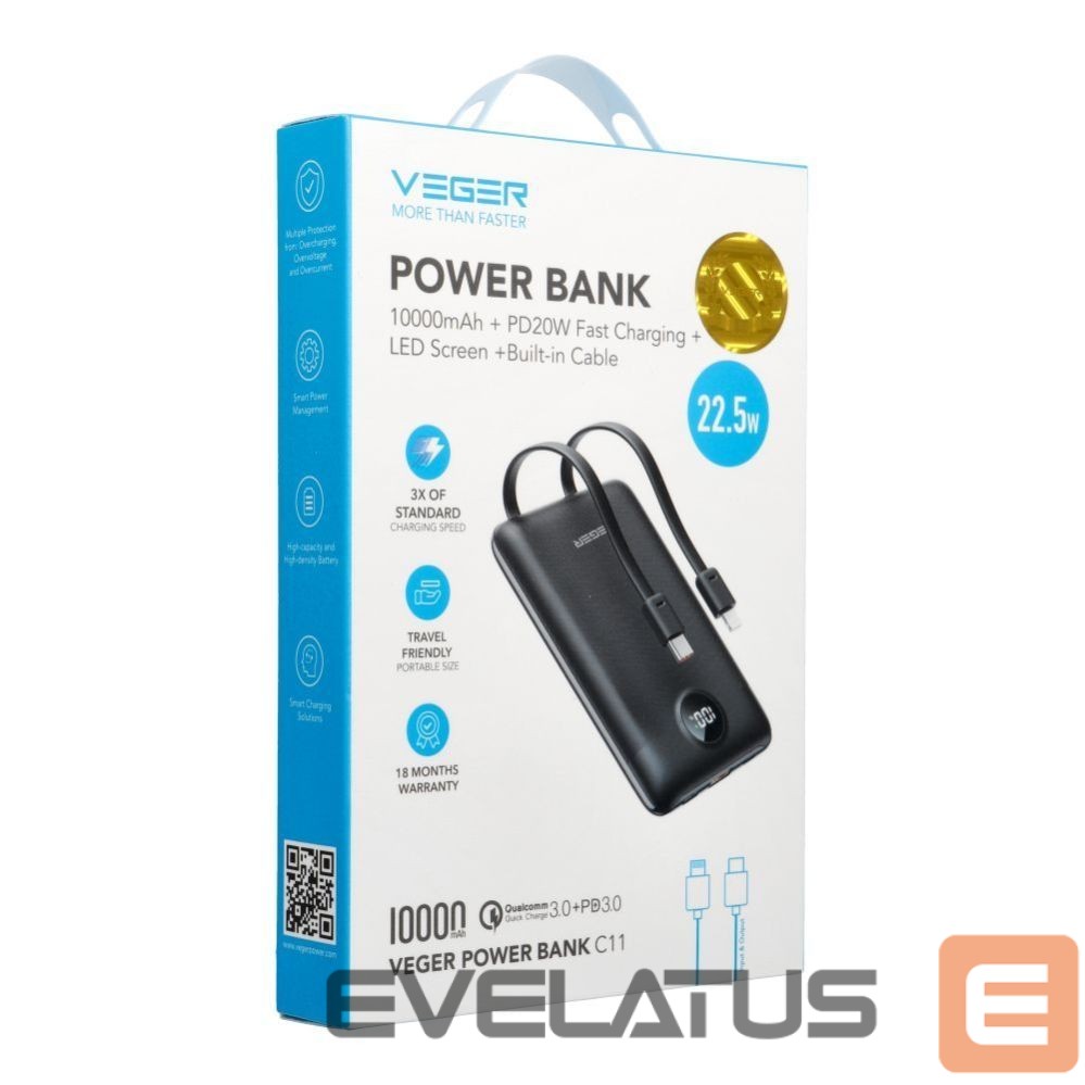 Power bank Veger Powerbank Veger C11 (W1170) PD QC3.0 2A 22,5W 10000 mAh with built-in cables USB C / Lightning black