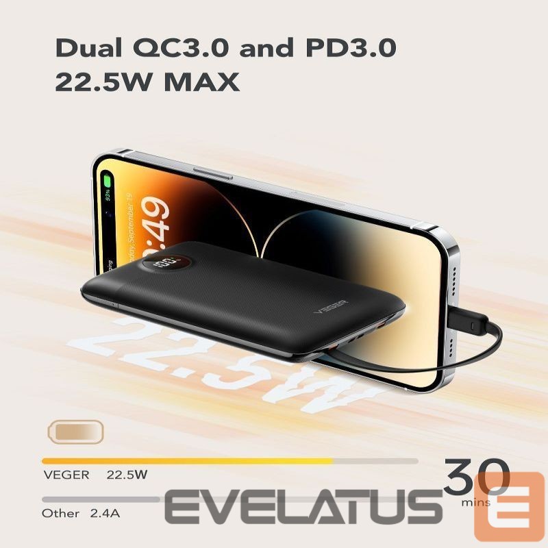 Power bank Veger Powerbank Veger C11 (W1170) PD QC3.0 2A 22,5W 10000 mAh with built-in cables USB C / Lightning black